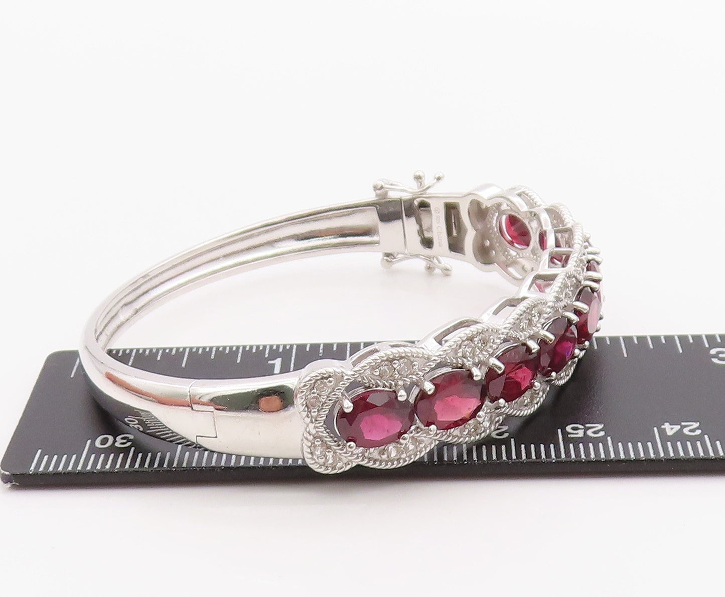 925 Sterling Silver Vintage Bracelet Oval Ruby & CZ Triple Row Bangle  BT11393