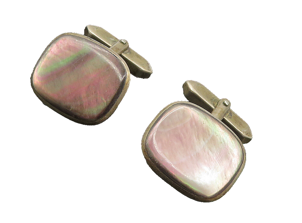 925 Sterling Silver  Vintage Abalone Shell Rounded Square Cuff Links  TR1459