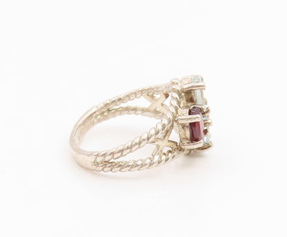 925 Sterling Silver Vintage Ring Elegant Garnet & Blue Topaz Band Sz 5.5 RG35455