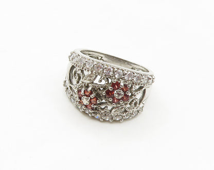 925 Sterling Silver  Shiny Red & White Topaz Floral Band Ring Sz 7  RG17050
