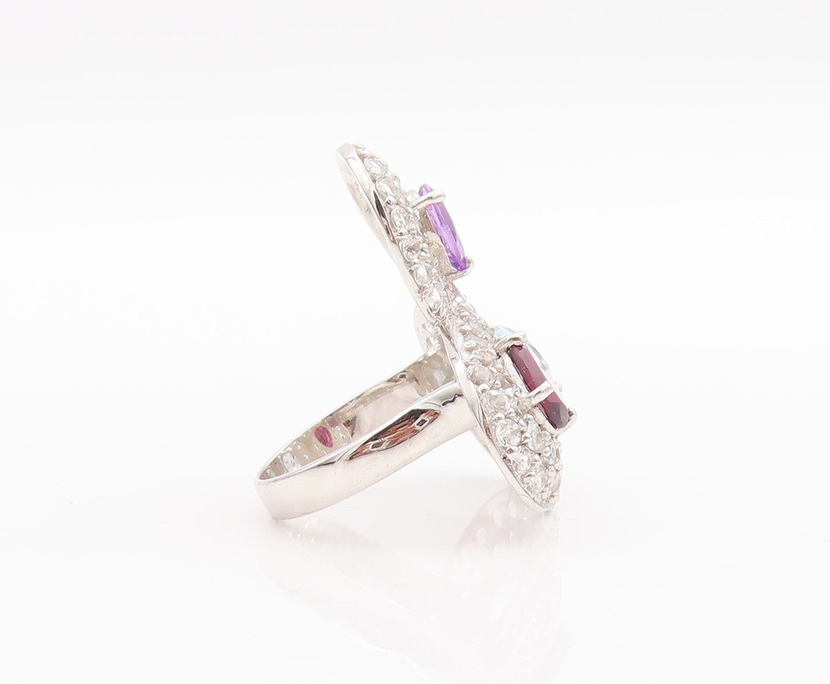 925 Sterling Silver Vintage Ring Multi Shaped Gemstone & CZ  Sz 7.5  RG29040