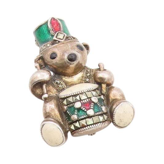 925 Sterling Silver Vintage Brooch Marcasite Enameled Drumming Bear  BP11793