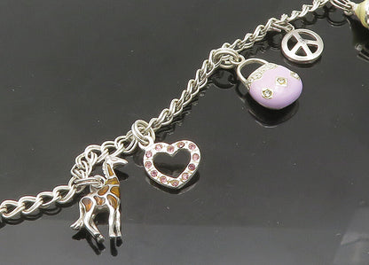 925 Sterling Silver  Vintage Topaz & Enamel Charmed Chain Bracelet  BT8479