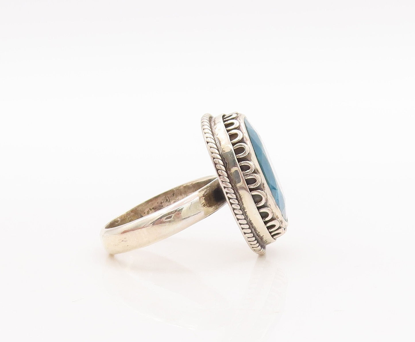 925 Sterling Silver Vintage Ring Swirly Oval Cut Blue Gemstone  Sz 7  RG29176