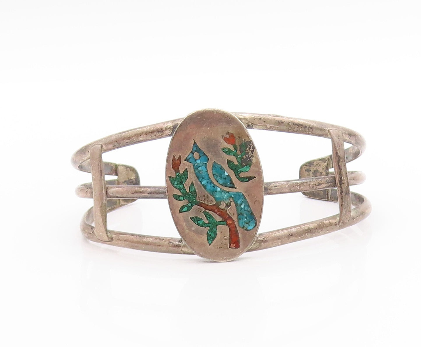 925 Sterling Silver Vintage Bracelet  Crushed Turquoise Bird On Branch   BT11385
