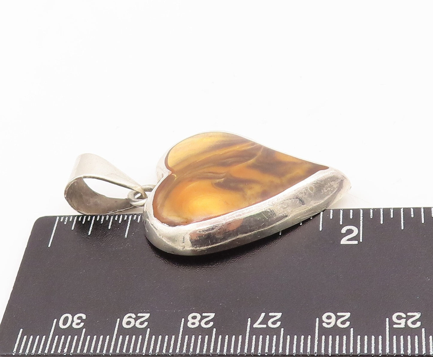 925 Sterling Silver Vintage Pendant MEXICO Solid Tiger's Eye Inlay Heart PT23458