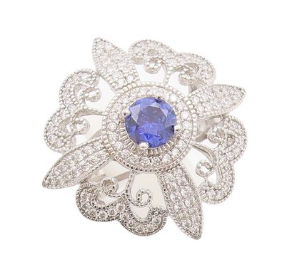 925 Sterling Silver Vintage Ring CZ & Sapphire Cutout Flower  Sz 7  RG29843