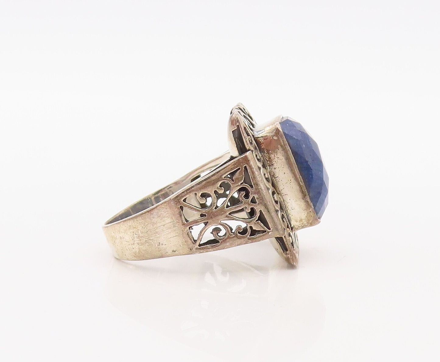 925 Sterling Silver Vintage Ring Rectangle Swirly Real Gemstone Sz 10.5 RG30562