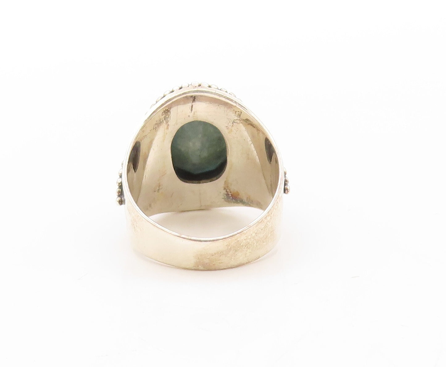 925 Sterling Silver Vintage Ring Bead Design Carved Oval Gemstone  Sz 7  RG30596