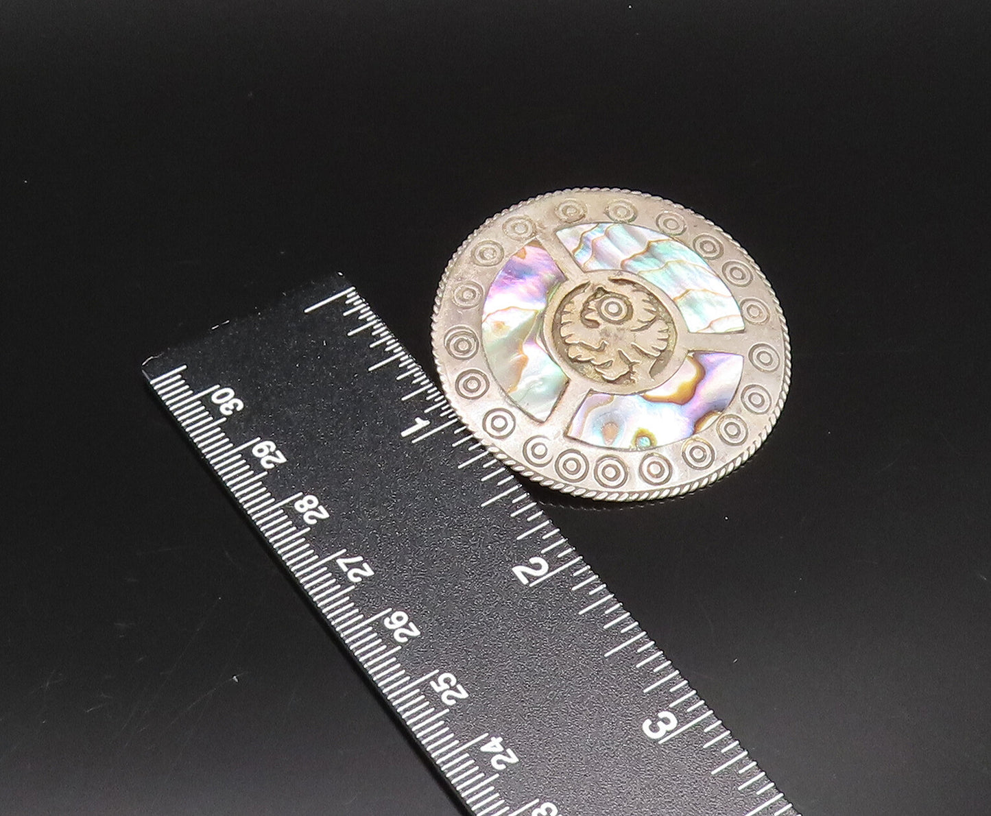 MEXICO 925 Silver  Vintage Rope Border & Circles Abalone Brooch Pin  BP10037