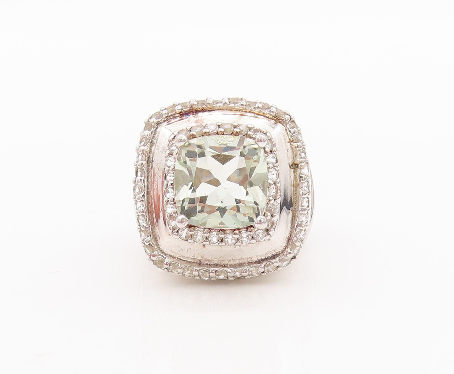 925 Sterling Silver Vintage Ring Square Cut Green Amethyst Topaz  Sz 7  RG29456