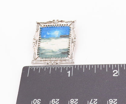 925 Sterling Silver Vintage Pendant Etched Teng Teng Painting Frame  PT24782