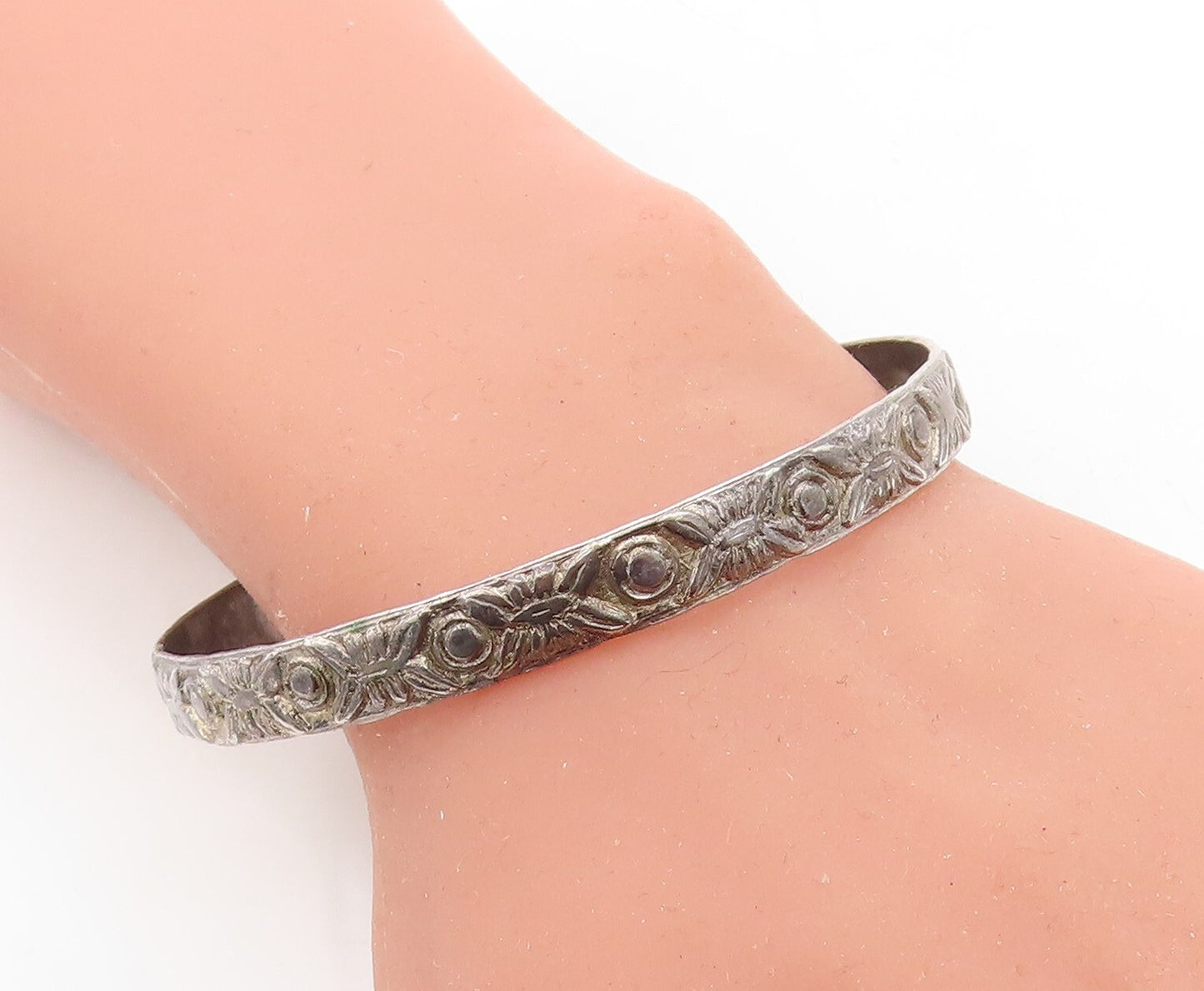 TAXCO 925 Sterling Silver Vintage Oxidized Etched Bangle Bracelet BT1454