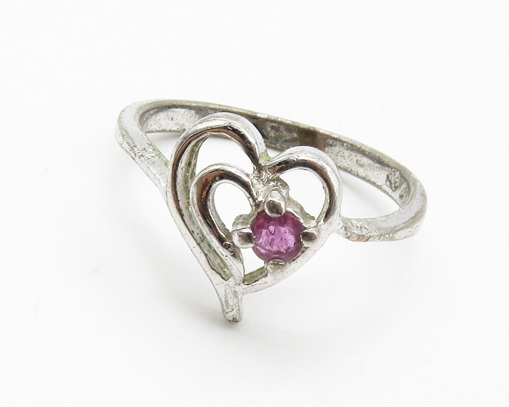 925 Sterling Silver  Vintage Pink Topaz Love Heart Band Ring Sz 6.5  RG14308