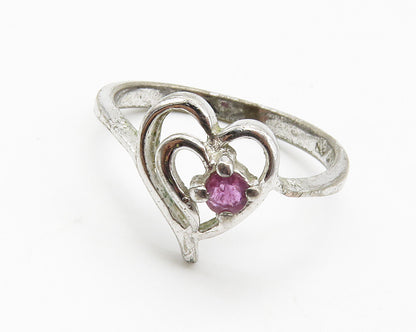 925 Sterling Silver  Vintage Pink Topaz Love Heart Band Ring Sz 6.5  RG14308