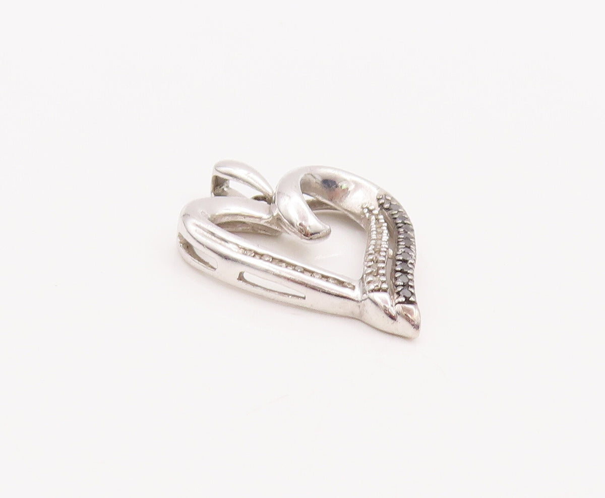 925 Sterling Silver Vintage Pendant Swirled Cutout Diamonds Inlay Heart  PT23094