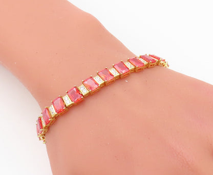 925 Sterling Silver Vintage Bracelet Gold Plated Red & White CZ  BT10780