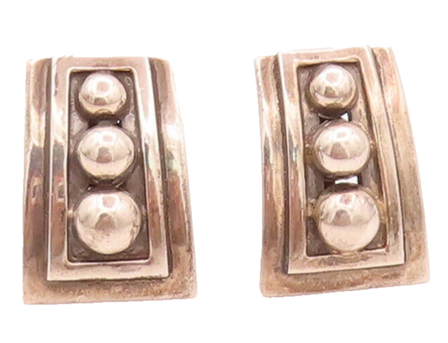 MEXICO 925 Sterling Silver Vintage Carved Rectangular Beaded Earrings  EG12474