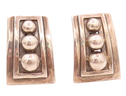 MEXICO 925 Sterling Silver Vintage Carved Rectangular Beaded Earrings  EG12474