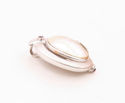 925 Silver  Vintage Oval Mother Of Pearl & Garnet Dome Cutout Pendant  PT21515