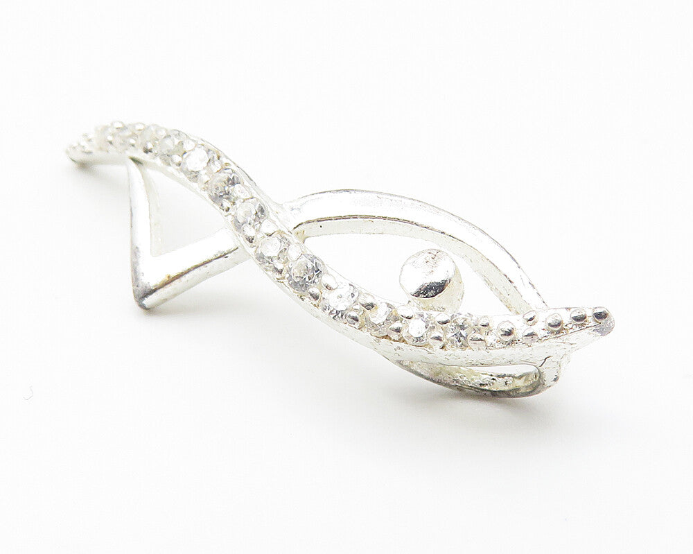 925 Sterling Silver  Shiny White Topaz Open Fish Motif Drop Pendant  PT8373