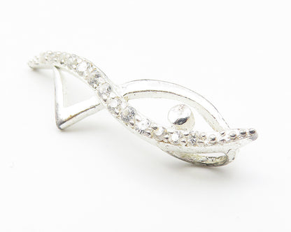 925 Sterling Silver  Shiny White Topaz Open Fish Motif Drop Pendant  PT8373