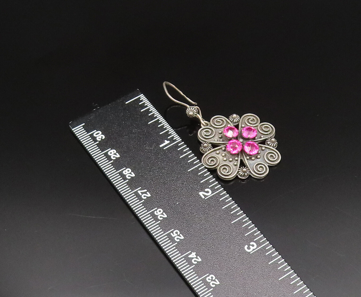 925 Silver  Vintage Beaded Pretzel Twist Tourmaline Floral Earrings  EG11928