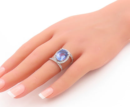 925 Sterling Silver Vintage Ring Oval Tanzanite & Sparkling CZ Band Sz 5 RG33685