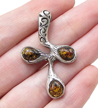925 Sterling Silver  Cabochon Cut Amber Branch Style Cross Drop Pendant  PT1425