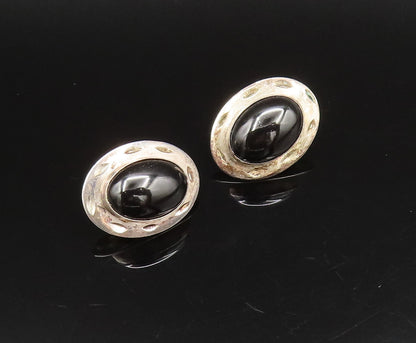 925 Sterling Silver  Vintage Etched Oval Frame Black Onyx Earrings  EG12174