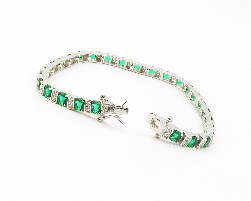 925 Sterling Silver  Round Cut Green & White Topaz Chain Bracelet  BT5414