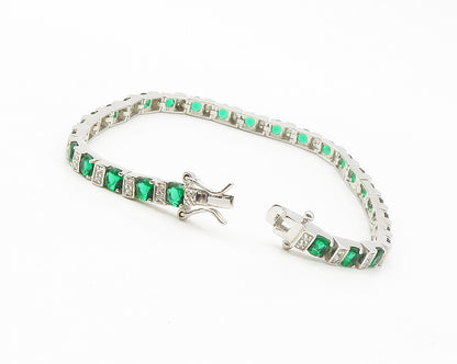 925 Sterling Silver  Round Cut Green & White Topaz Chain Bracelet  BT5414