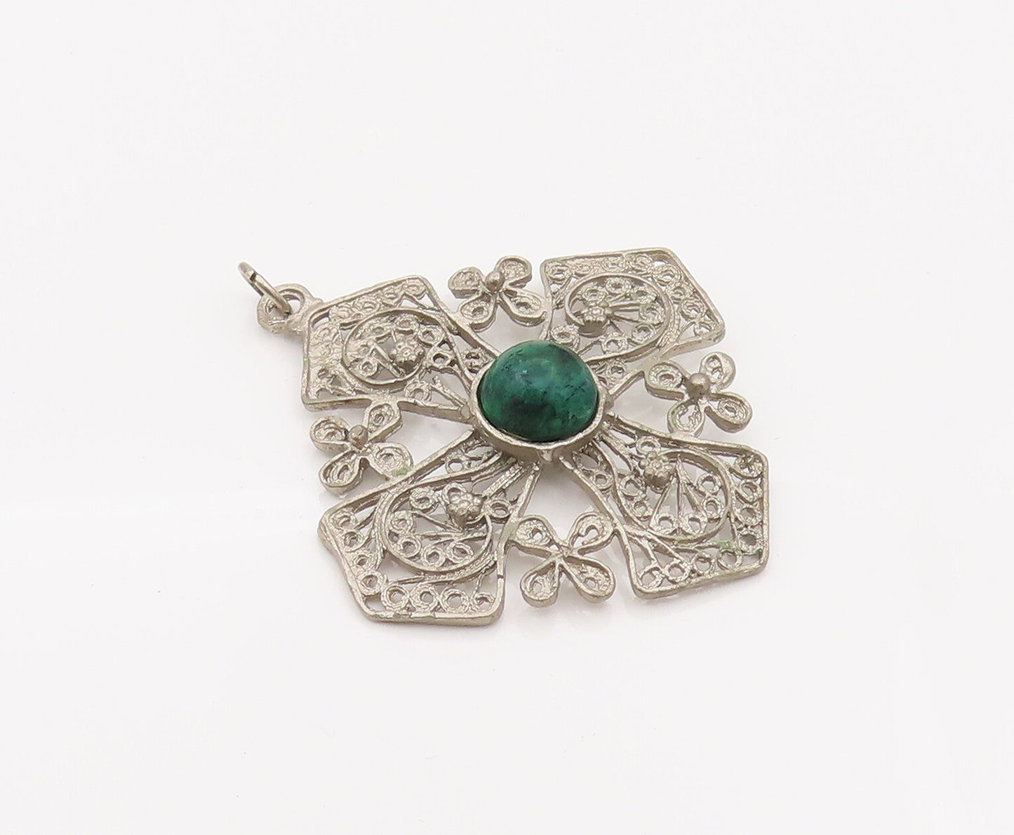 ISRAEL 925 Silver  Vintage Filigree  Swirl Chrysocolla Cross Pendant PT22121