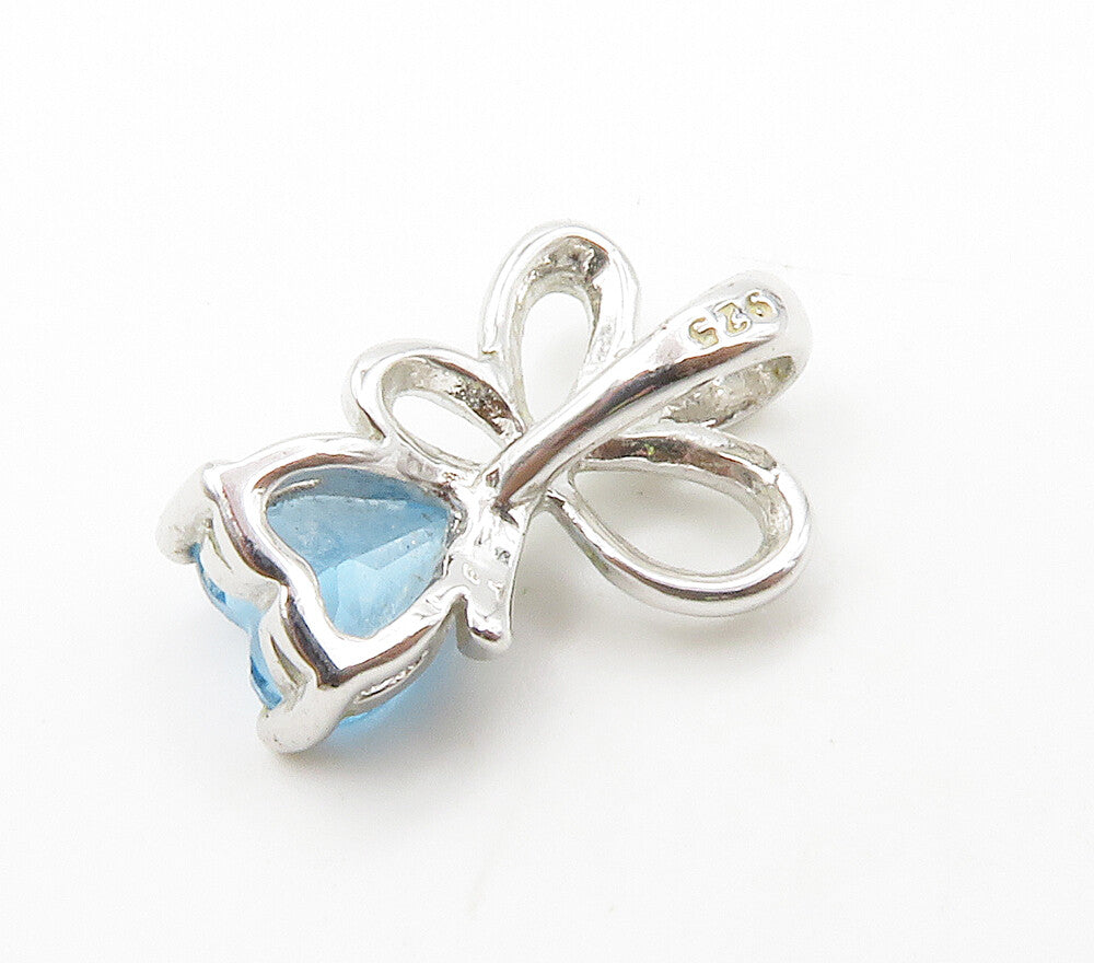 925 Sterling Silver  Blue Topaz Love Heart Shiny Ribbon Bow Pendant  PT11622