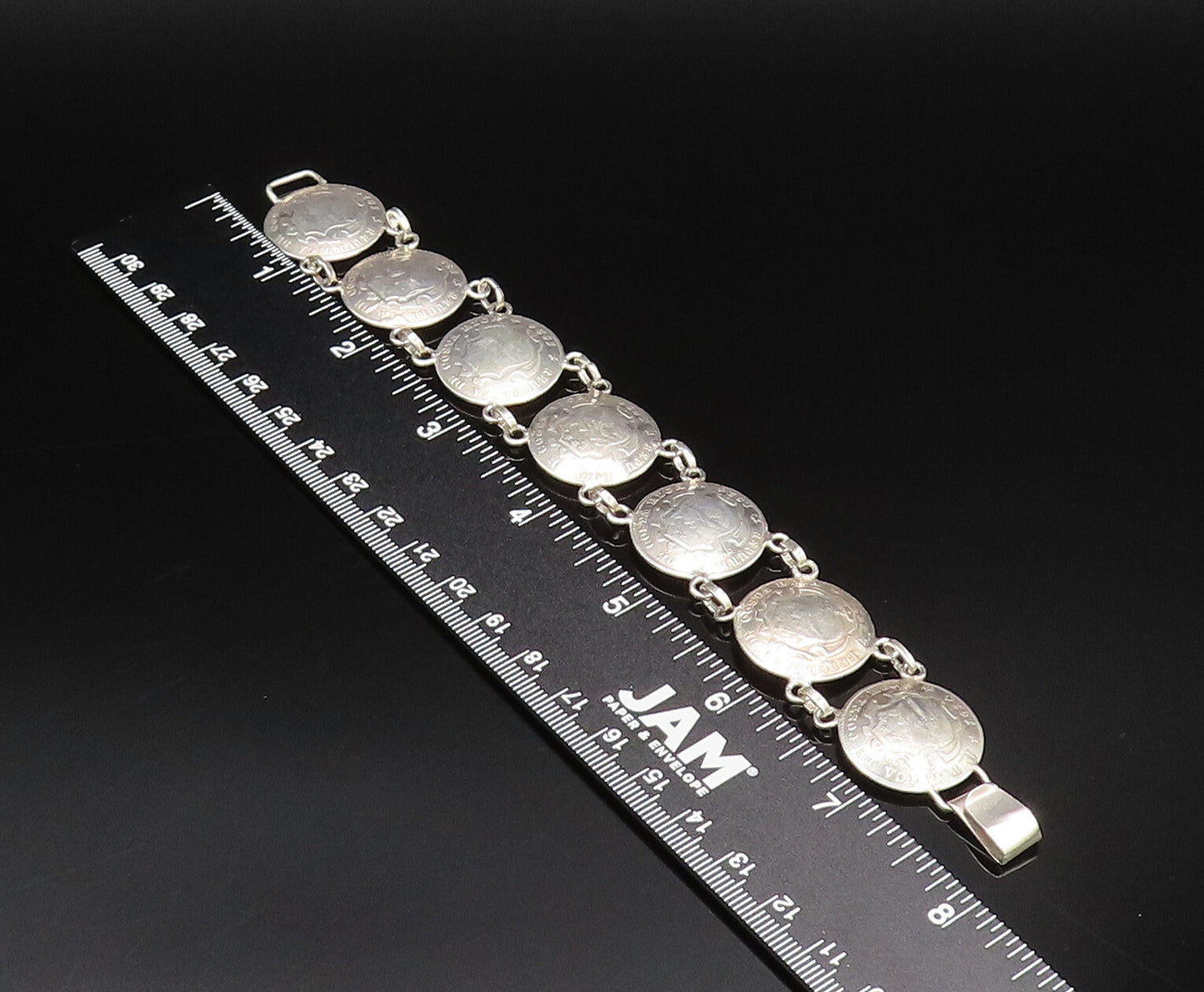 925 Sterling Silver  Vintage Costa Rica Crest Coin Chain Bracelet  BT9706