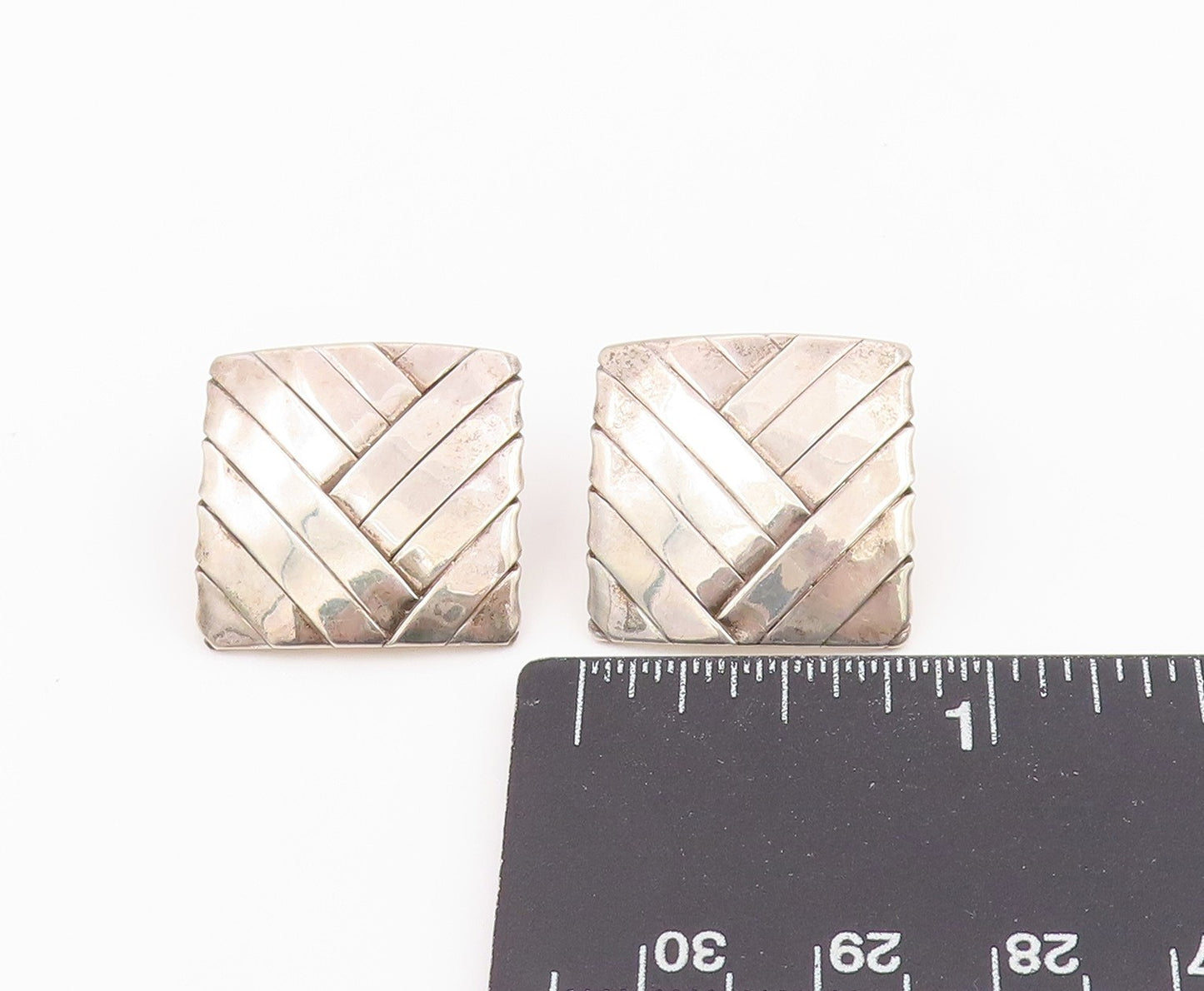 14k Gold & 925 Sterling Silver Vintage Earrings OFIESH Basket Weave Stud EG14062