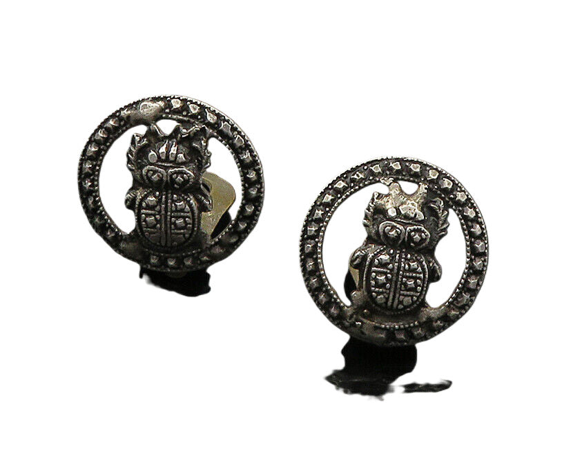 925 Sterling Silver  Vintage Antique Scarab Non Pierce Earrings  EG10817