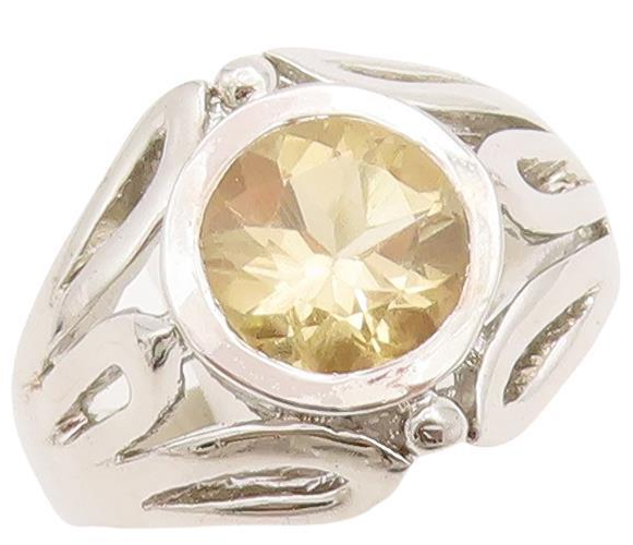 925 Sterling Silver Vintage Ring Leaf Border Cutout Neck Citrine  Sz 8  RG28658