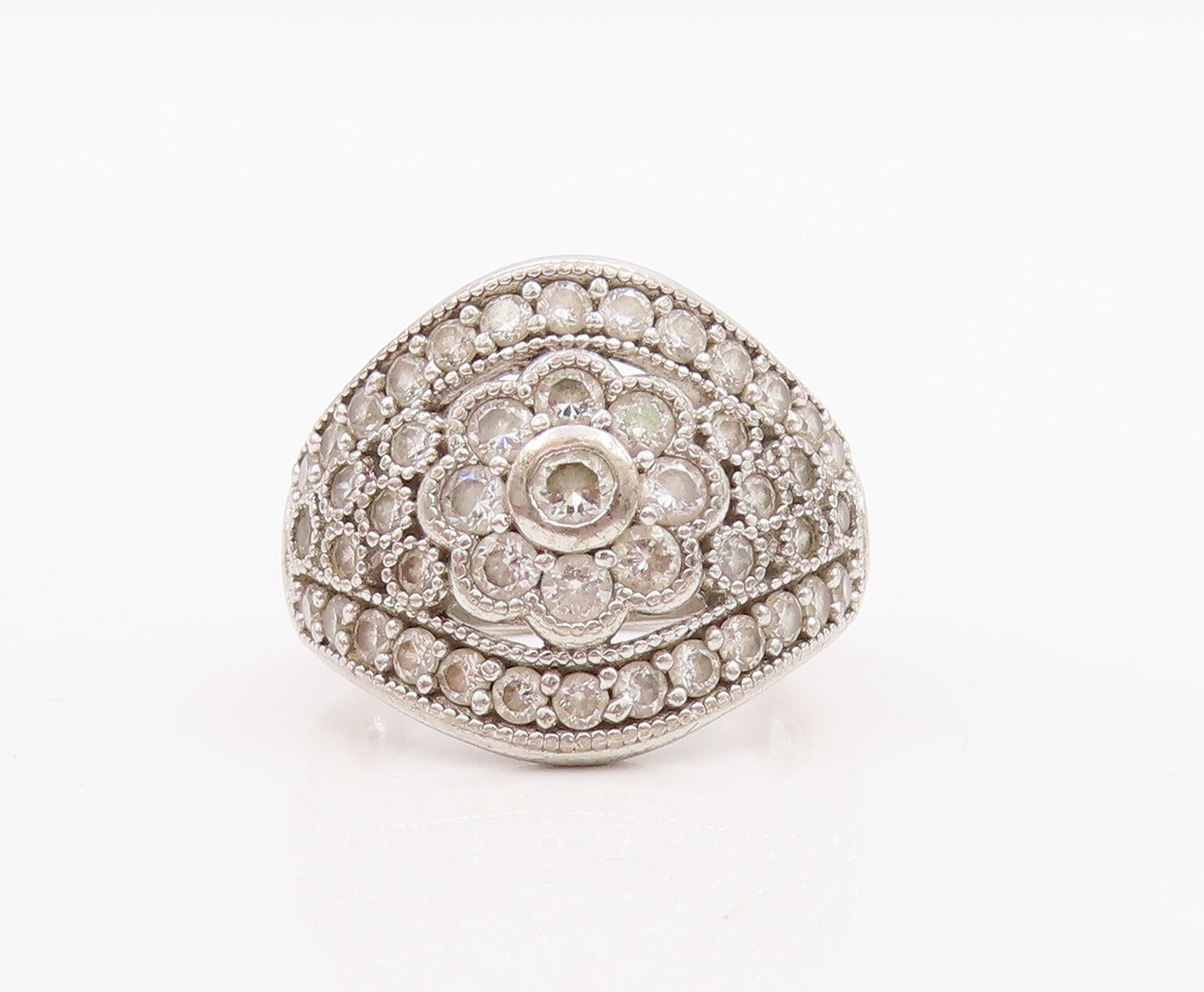 925 Sterling Silver Vintage Ring Round Topaz Beaded Floral Design  Sz 7  RG29073