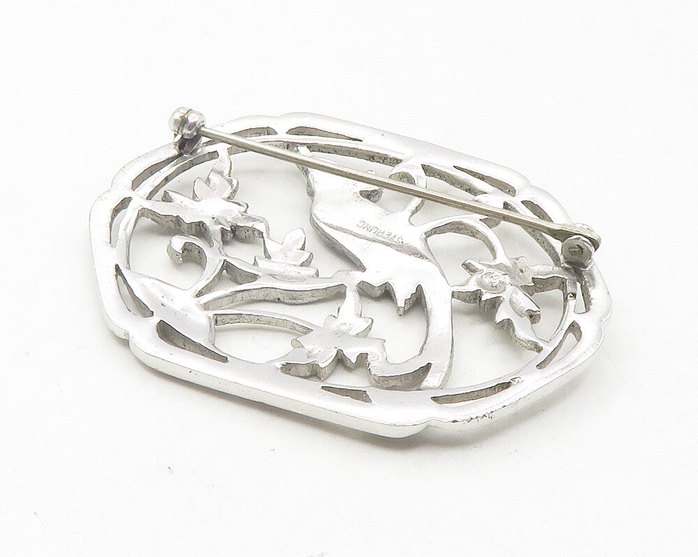 925 Sterling Silver  Vintage Sparkling Perched Bird Floral Brooch Pin  BP4379