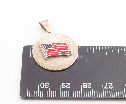 925 Sterling Silver Vintage Pendant Enameled US Flag Circle Medallion  PT26628