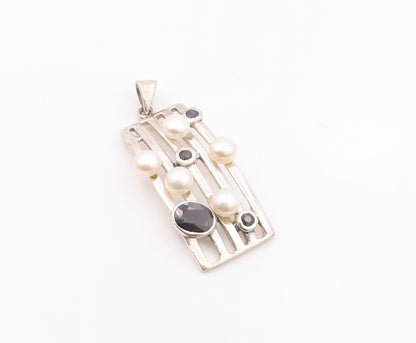 925 Silver  Vintage Cultured Pearls & Black Tourmaline Shiny Pendant  PT19610