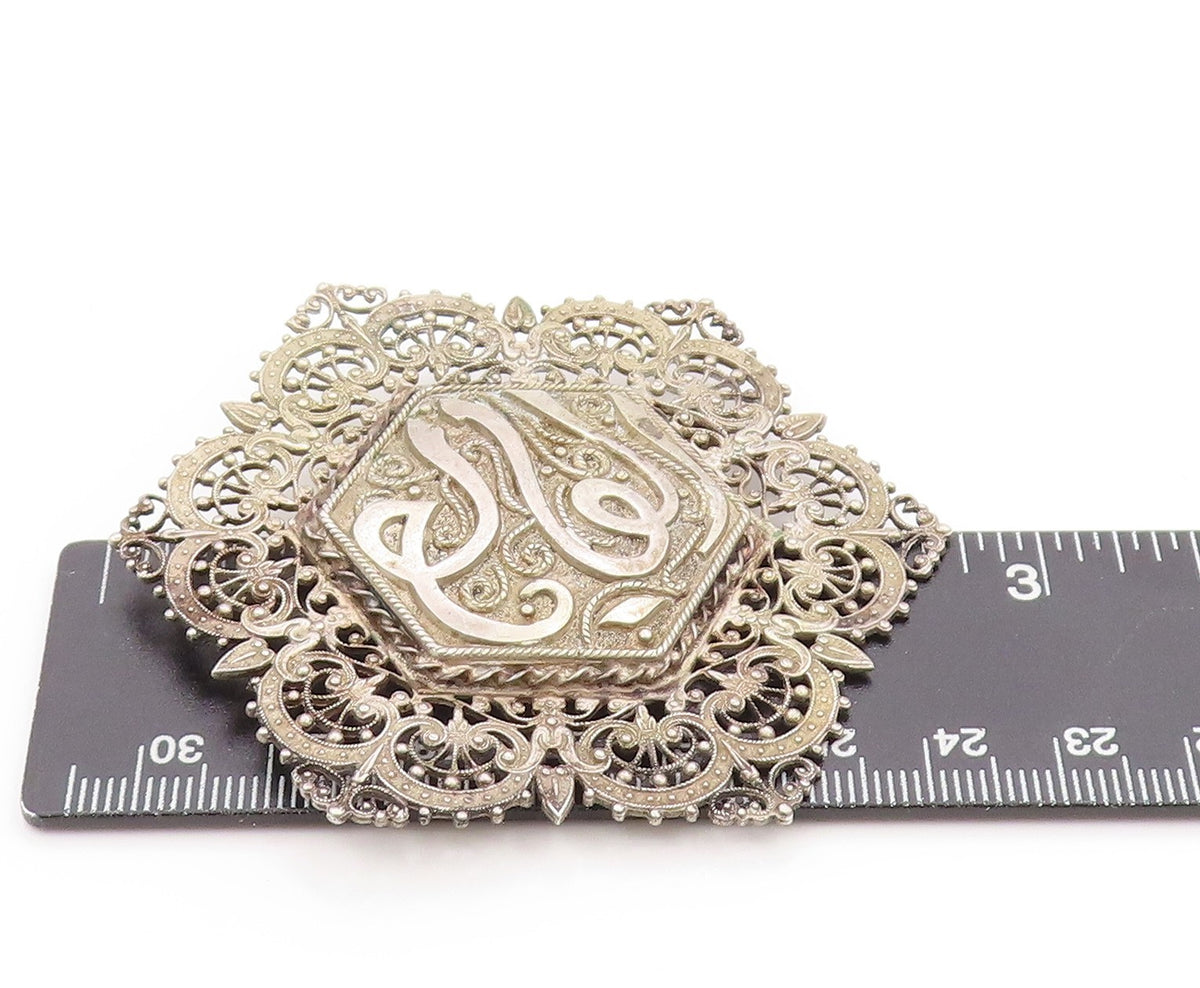 925 Sterling Silver Vintage Brooch Arabic Calligraphy Filigree Design  BP11900