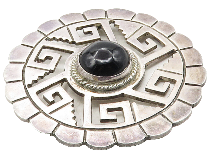 MEXICO 925 Silver  Vintage Antique Black Onyx Greek Key Brooch Pin  BP3967