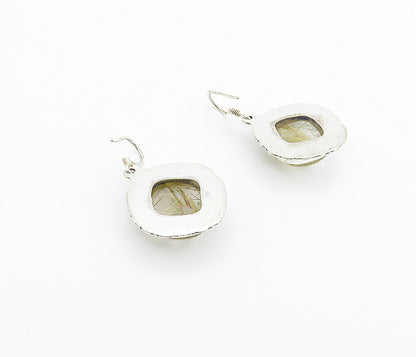 925 Sterling Silver Vintage Cabochon Rutilated Quartz Dangle Earrings EG3536