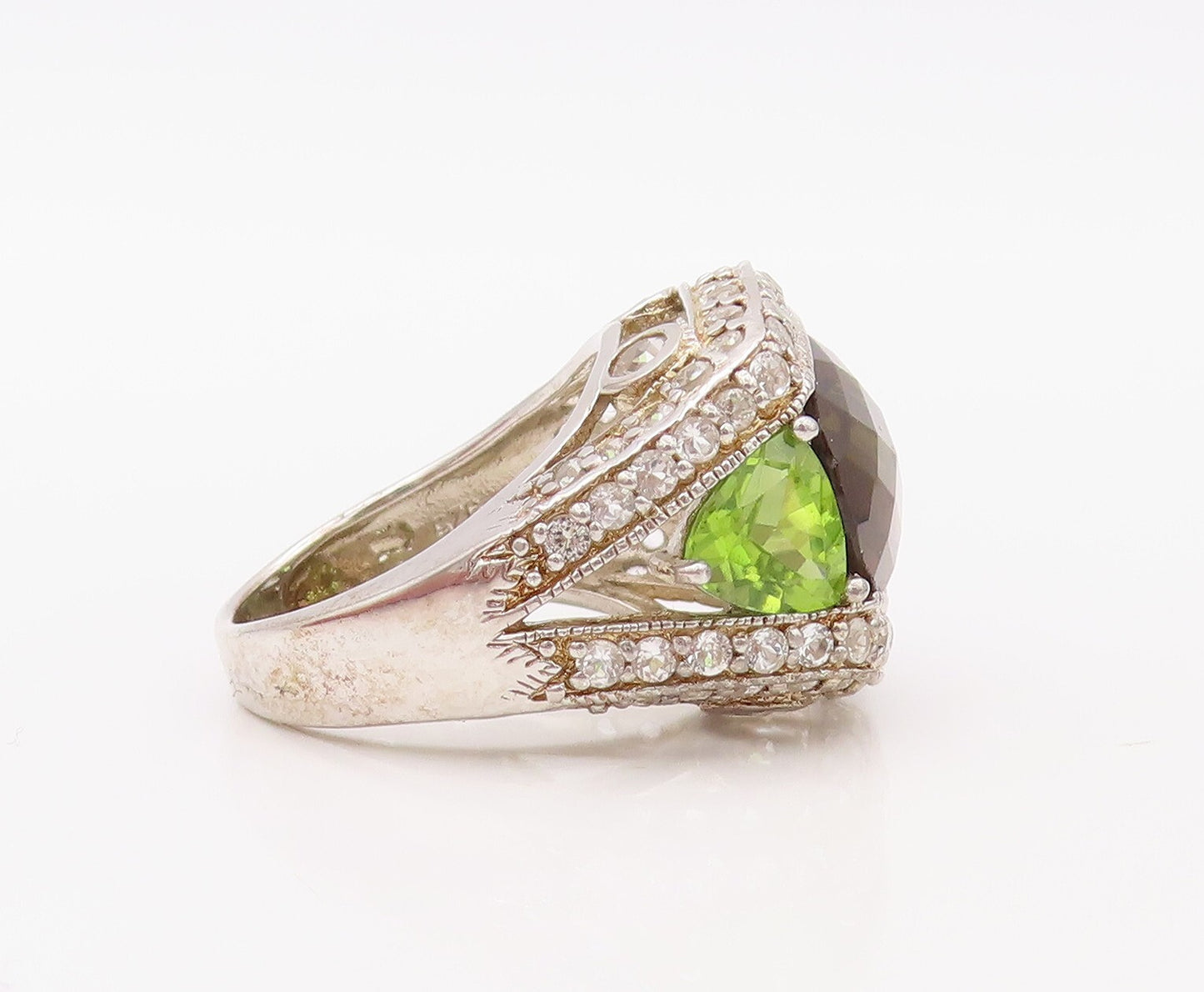 925 Sterling Silver Vintage Ring Designer Smoky Quartz CZ & Peridot Sz 7 RG30801