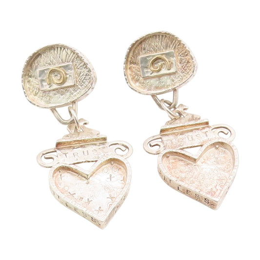 14k Gold & 925 Sterling Silver Vintage Earrings Love Heart Motif Dangle  EG14112