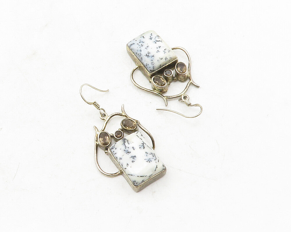 925 Sterling Silver  Vintage Dendrite Agate & Topaz Dangle Earrings  EG6359