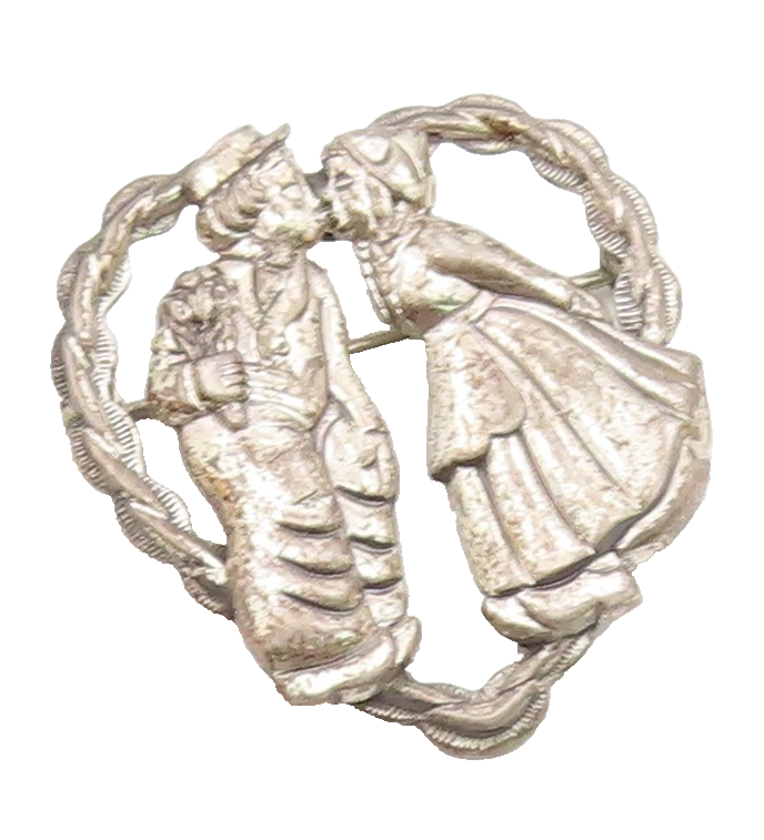BEAU 925 Silver  Vintage Antique Kissing Couple Love Heart Brooch Pin  BP9439
