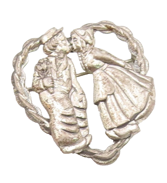 BEAU 925 Silver  Vintage Antique Kissing Couple Love Heart Brooch Pin  BP9439